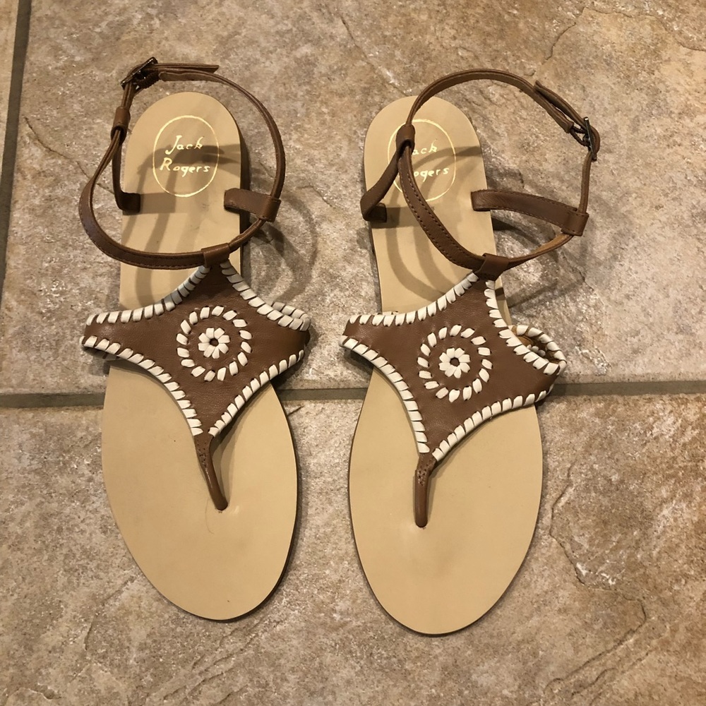 Jack Rogers Maci Brown Leather Whipstitch Buckle Strap Sandals